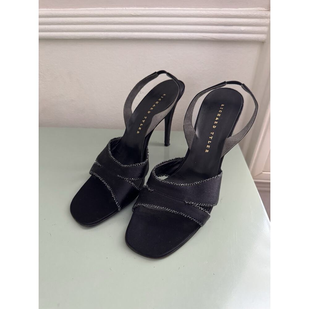 Vintage 90s Y2K RICHARD TYLER Slingback Sandal Heel Black Tie Satin‎ Sz 7.5